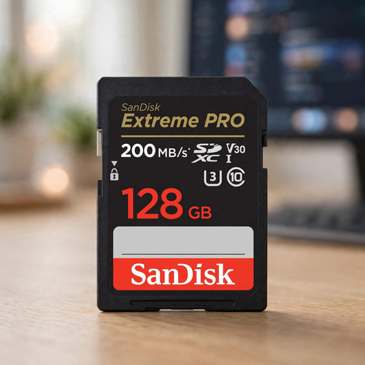 SANDISK 128GB Extreme PRO SDXC UHS-I Memory Card - C10, U3, V30, 4K UH - desksetup