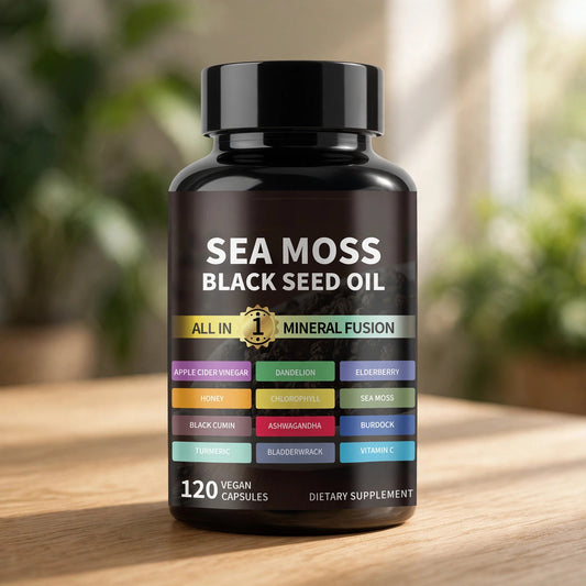 Sea Moss 7000mg, Black Seed Oil 4000mg, Ashwagandha & Turmeric 120 Capsules - wood