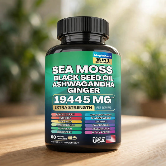 Sea Moss, Black Seed Oil, Ashwagandha, Turmeric & Ginger 16-in-1 Multivitamin 60 Capsules - wood