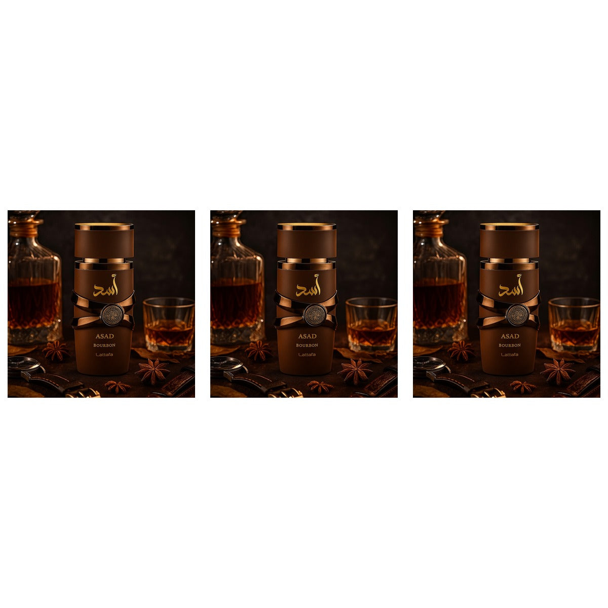 Lattafa Asad Bourbon Amber Wood EDP 3.4oz - Trio - 3 Bottles (20% OFF)