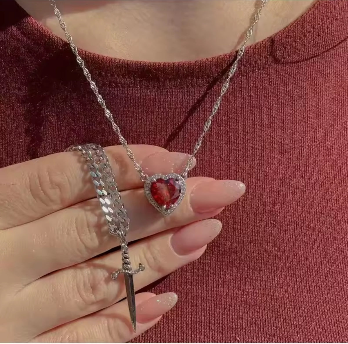 Heart and Sword Zircon Pendant Necklace