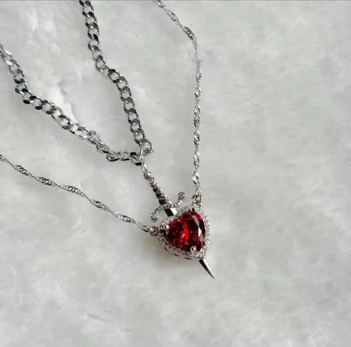 Heart and Sword Zircon Pendant Necklace