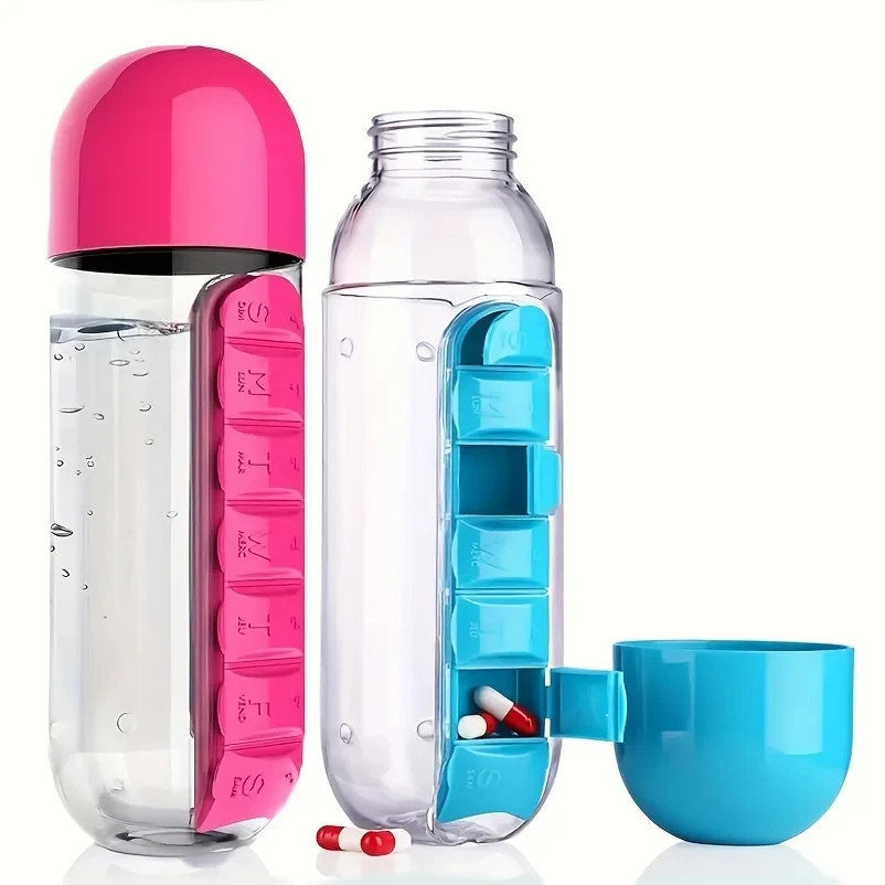 Portable Water Bottle With Built-in Pill Box for Medicines