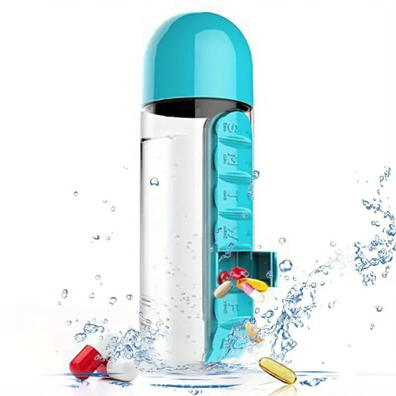 Portable Water Bottle With Built-in Pill Box for Medicines