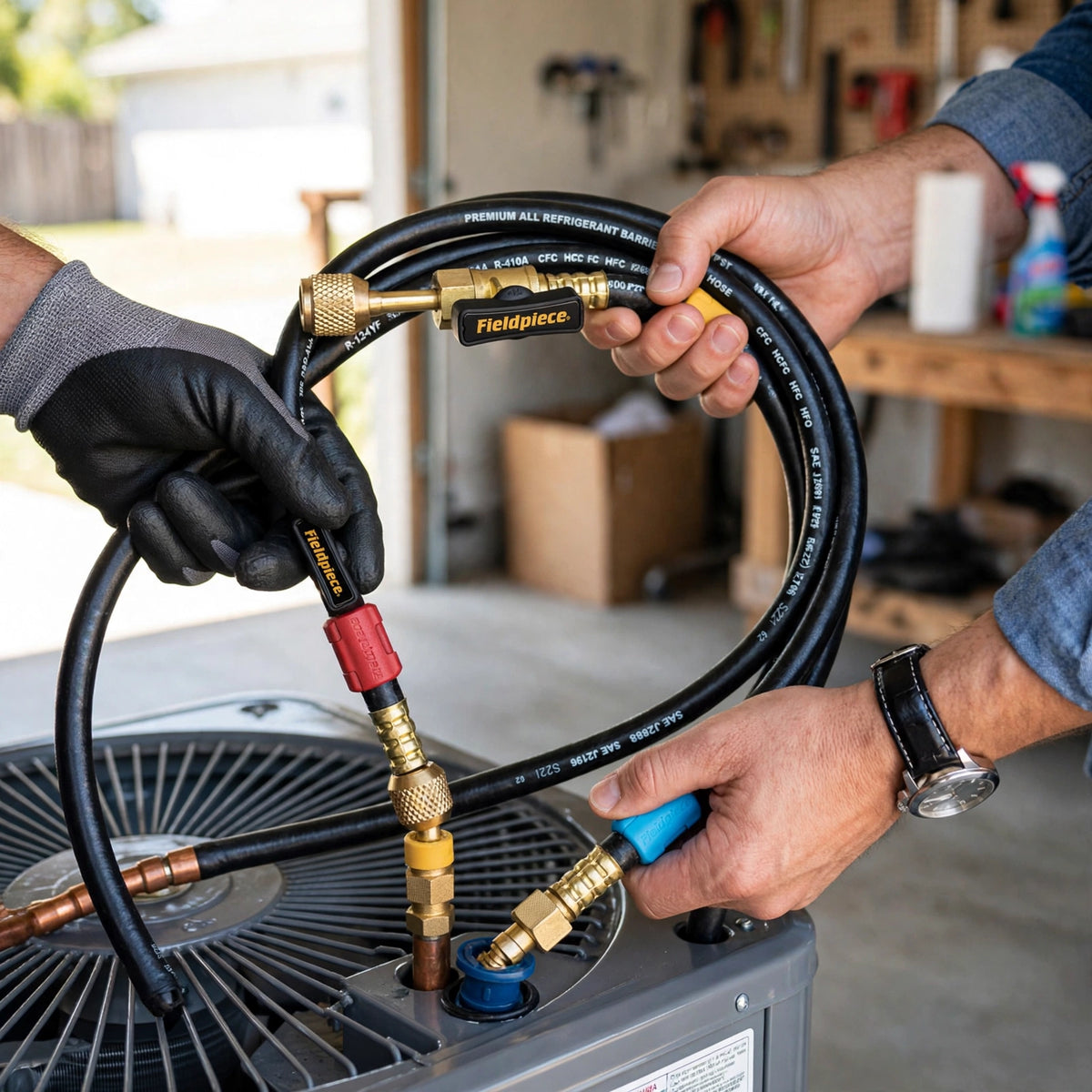 Fieldpiece HR3B Ball Valve Refrigerant Hose Set (3) - howto