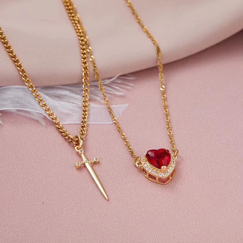 Heart and Sword Zircon Pendant Necklace