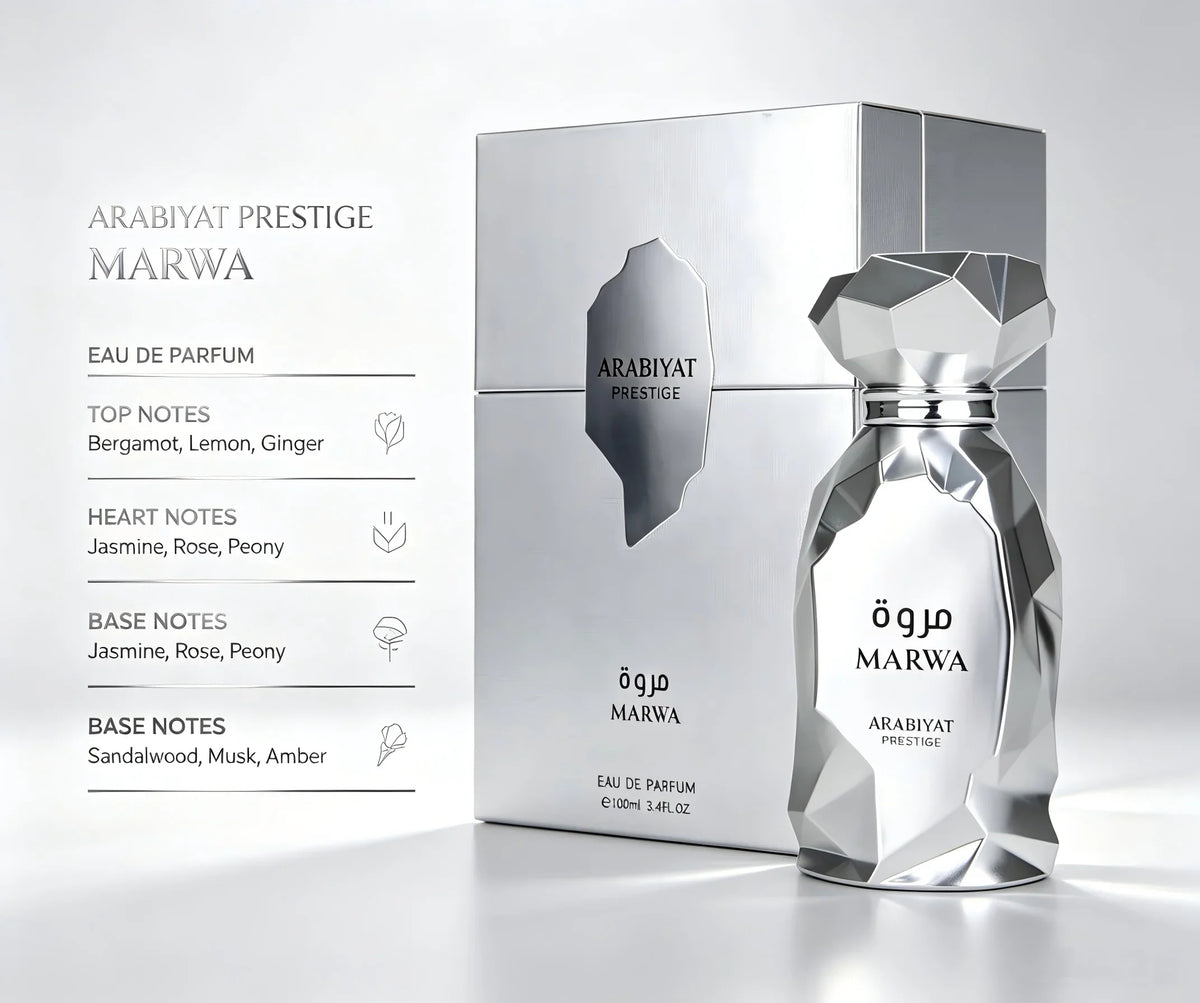 Product Details  Title: Arabiyat Marwa Eau De Parfum 3.4 oz / 100ml – Luxury Fresh Wood & Aromatic Fragrance with Silver Gift Box