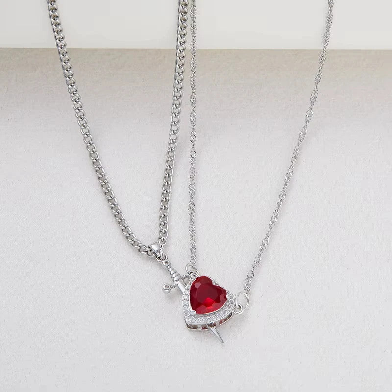 Heart and Sword Zircon Pendant Necklace