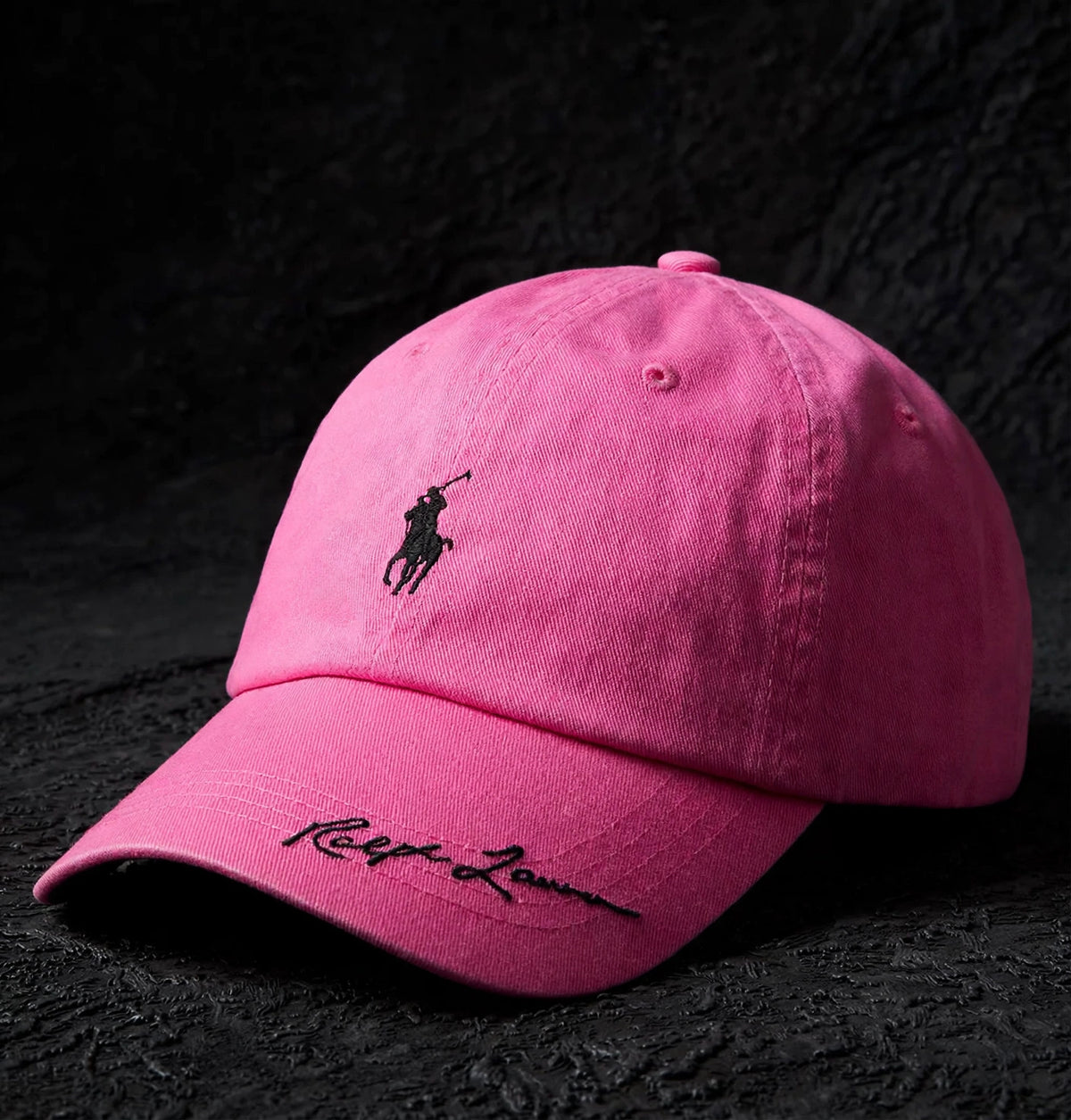 Polo Ralph Lauren Men’s Baseball Cap Adjustable pink with black polo - closeup