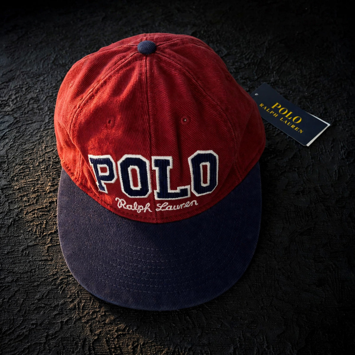 Polo Ralph Lauren Men’s Baseball Cap Adjustable Red with black polo - closeup