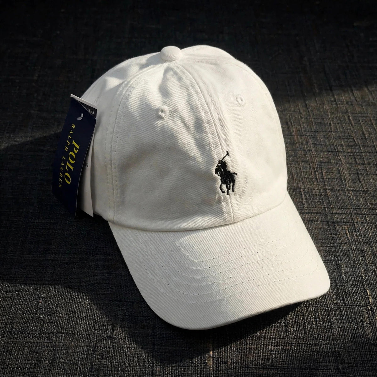 Polo Ralph Lauren Men’s Baseball Cap Adjustable White with black polo - closeup