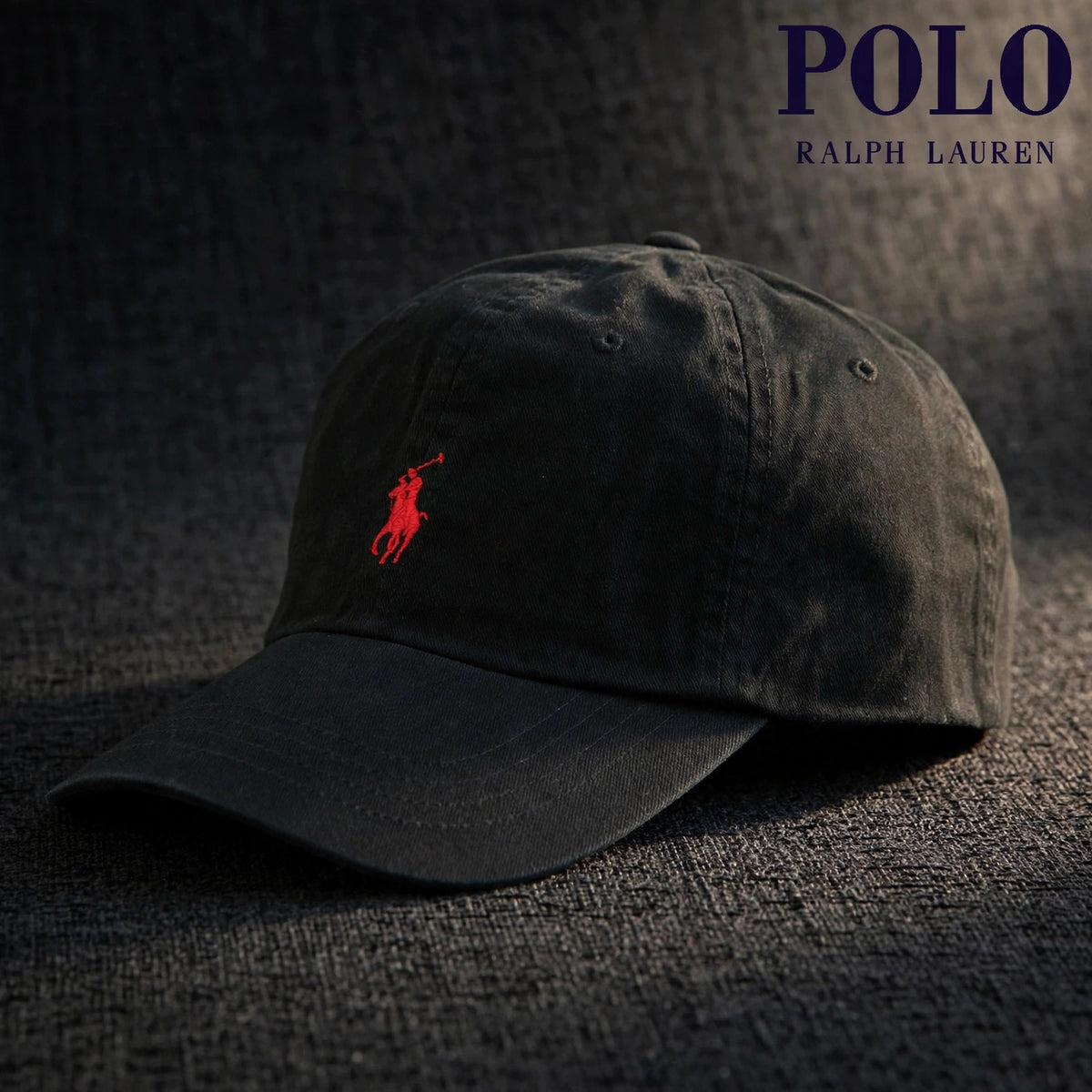 Polo Ralph Lauren Men’s Baseball Cap Adjustable Black with red polo - closeup