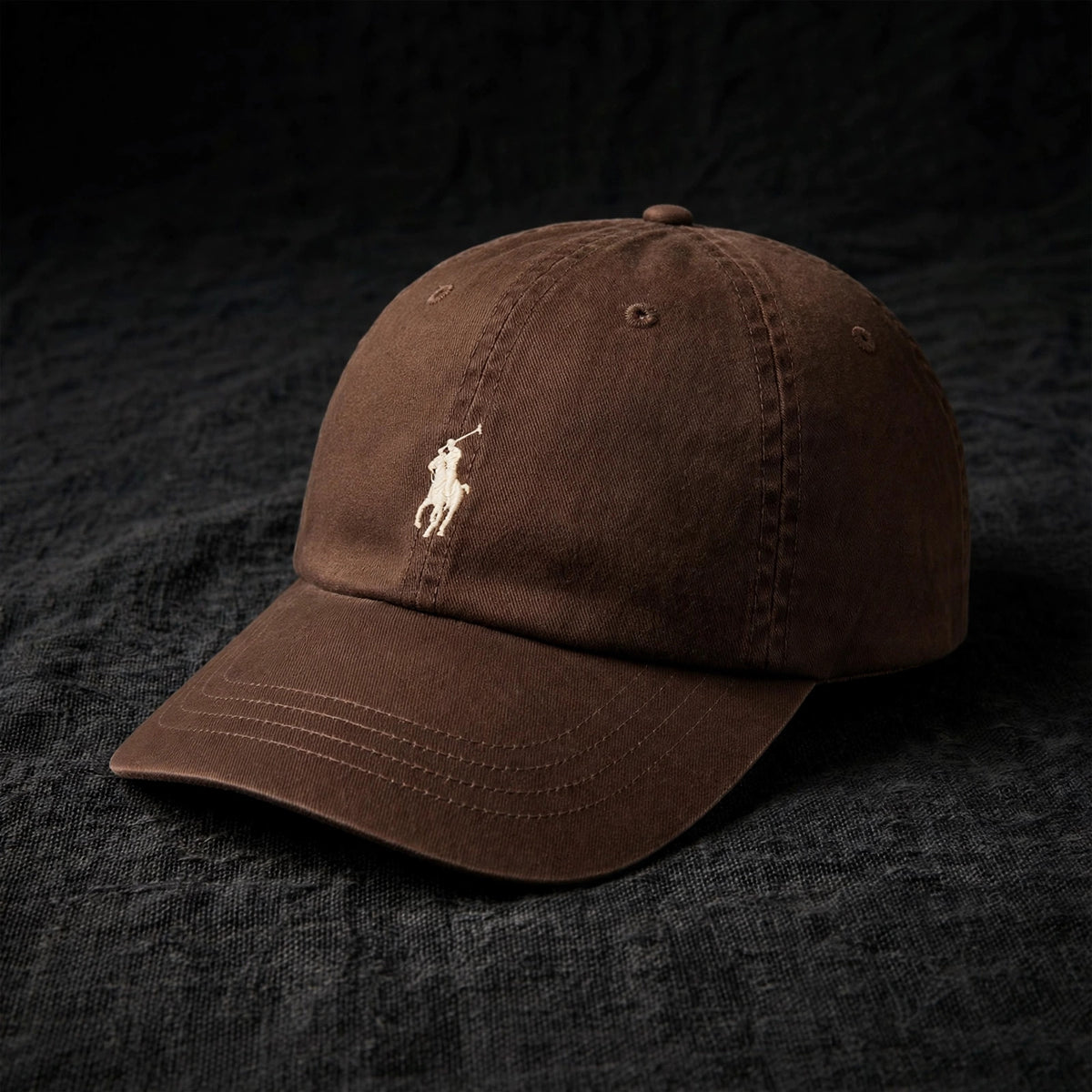 Polo Ralph Lauren Men’s Baseball Cap Adjustable Coffee with black polo - closeup