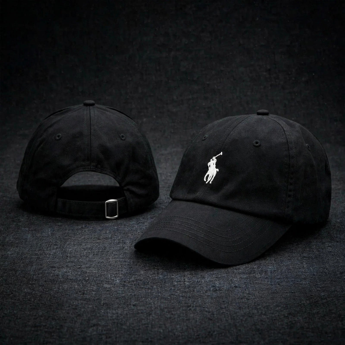 Polo Ralph Lauren Men’s Baseball Cap Adjustable black with white polo - closeup
