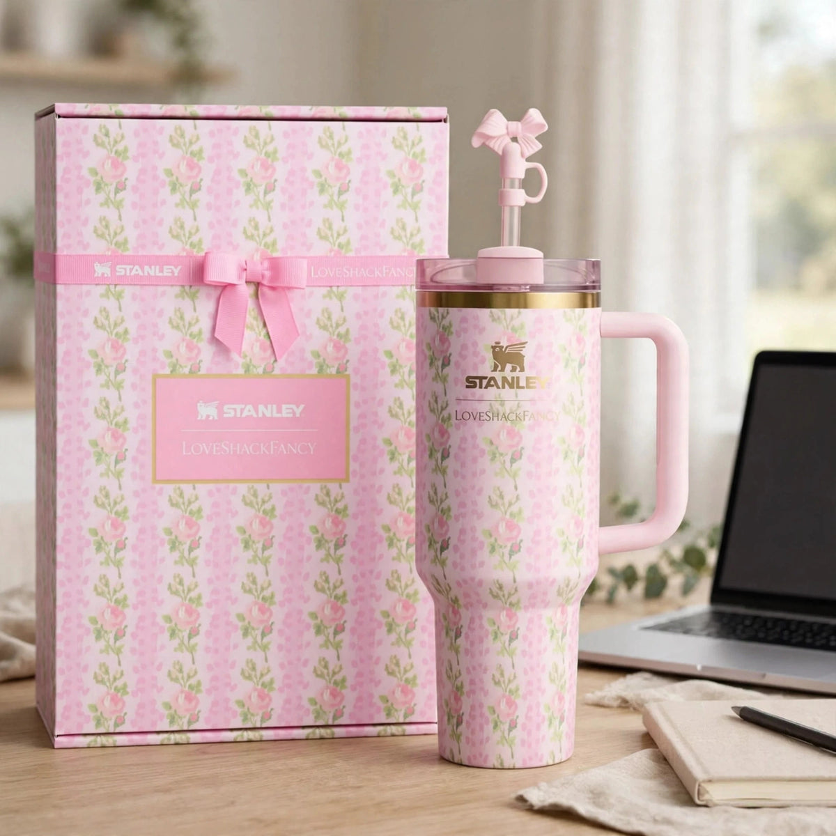 X Love Shack Fancy 40 Oz Quencher Tumbler – Blooming Heirloom Edition - desk