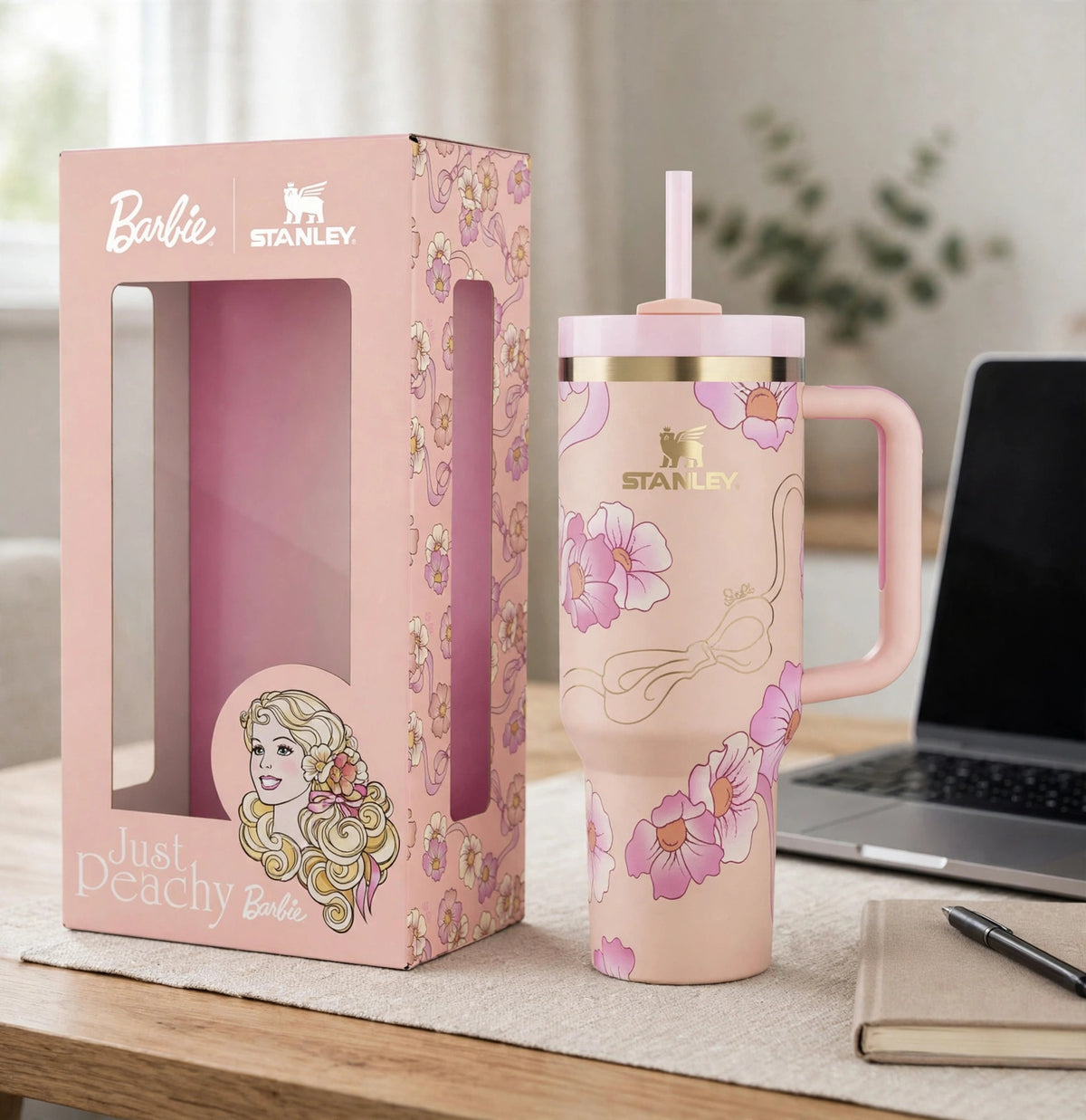 Barbie x Just Peachy 40oz Peaches 'N Cream Tumbler - desk