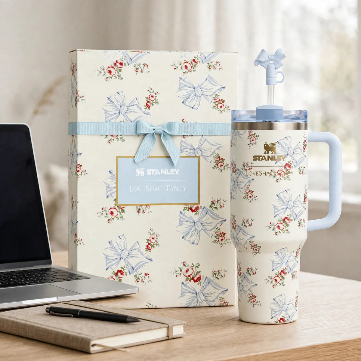 Stanley x Love Shack Fancy 40oz Holiday Rosa Beaux Blue Tumbler - desk