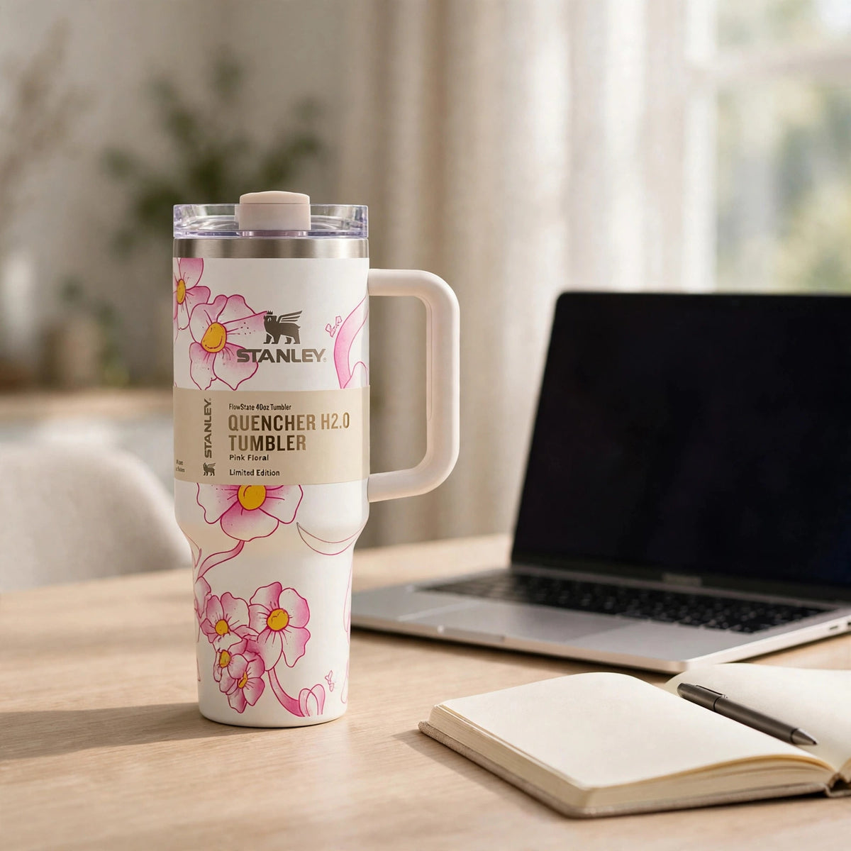 Stanley Quencher H2.0 FlowState 40oz Tumbler, Pink Floral Limited Edition - desk
