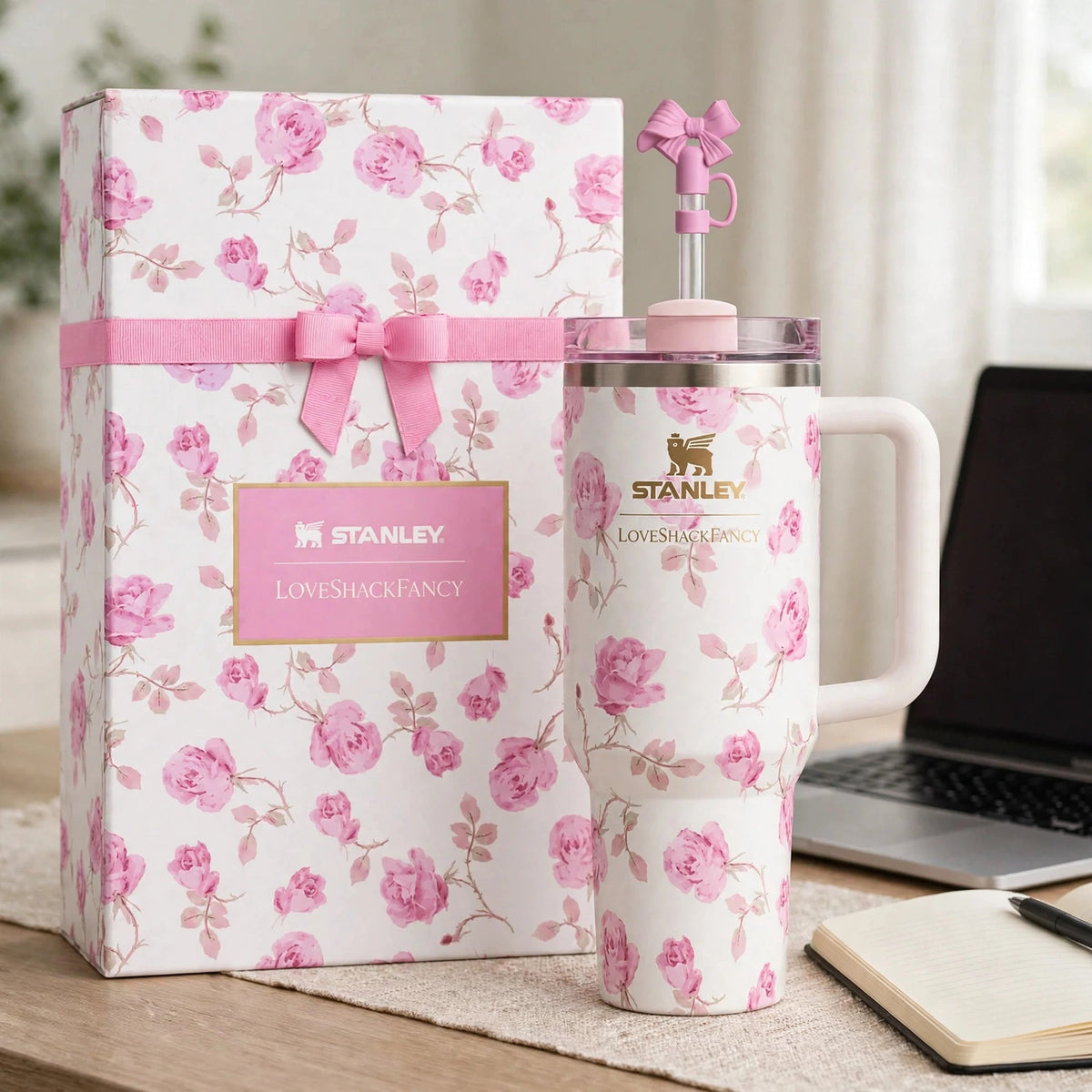 Stanley x LoveShackFancy 40oz Ribbon Rosa FlowState H2.0 Tumbler, White and Pink - desk