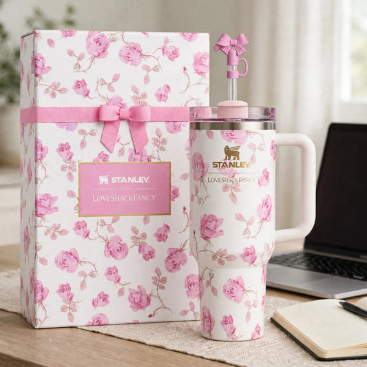 Stanley x LoveShackFancy 40oz Ribbon Rosa FlowState H2.0 Tumbler, White and Pink - desk