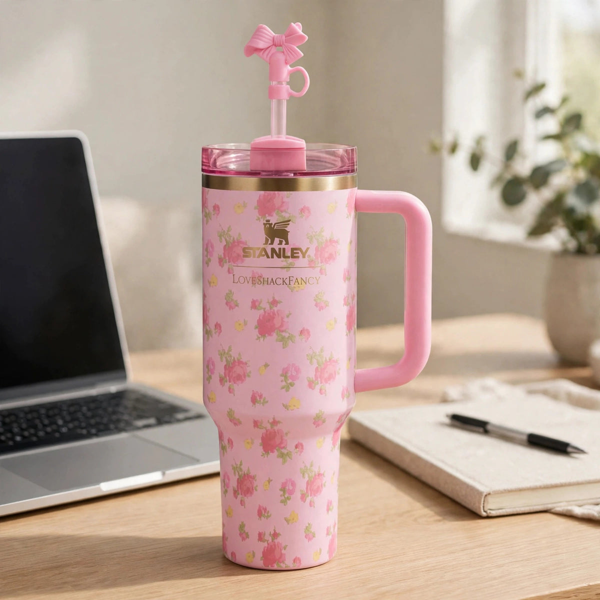 X Love Shack Fancy IBIZA SUNSET Quencher Tumbler - desk