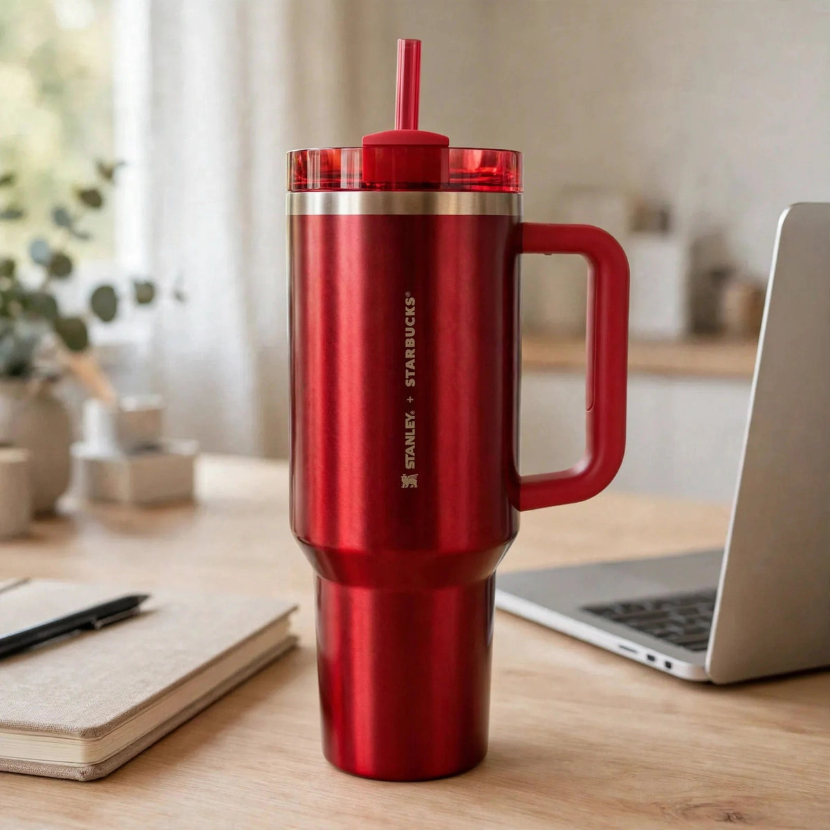 Stanley x Starbucks Limited Holiday Red Quencher 40oz Tumbler - desk