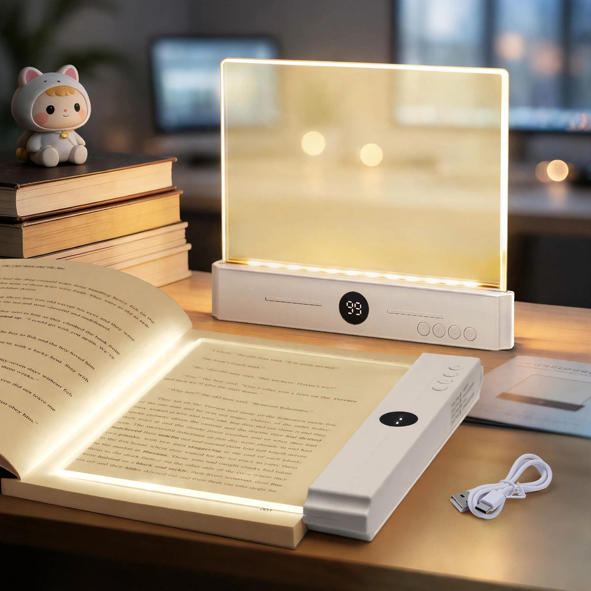 Book Light, Rechargeable Clear LED Flat Reading Light with 3 Colors Ti - desksetup