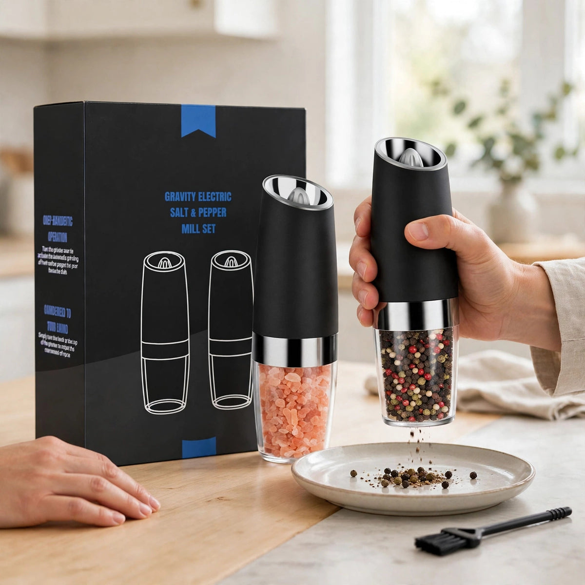 JIASLING Gravity Electric Salt & Pepper Mill Set, Metal Acrylic, Black - howto