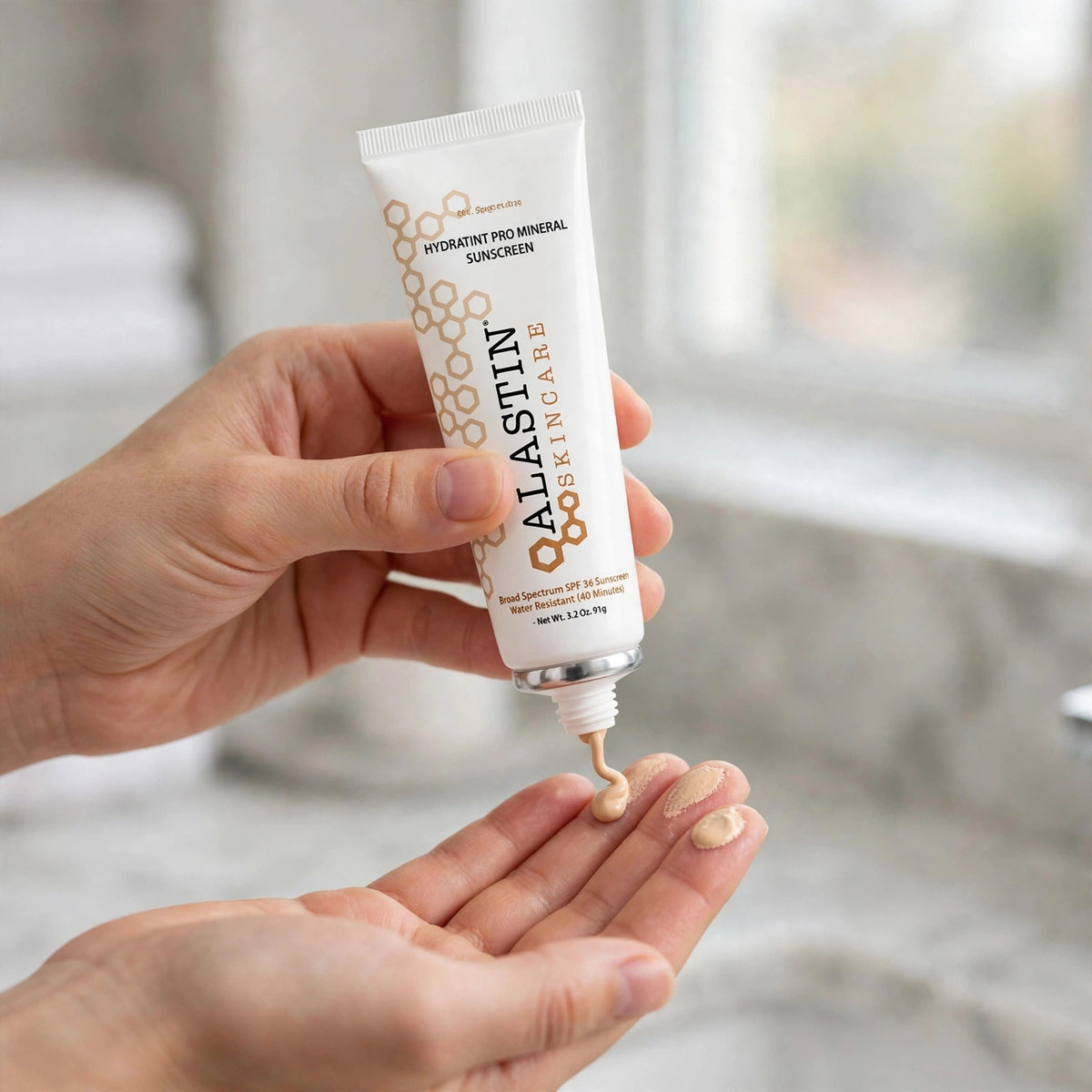 Hand squeezing Alastin HydraTint Pro Mineral Sunscreen SPF 36 onto fingertips in a bright bathroom