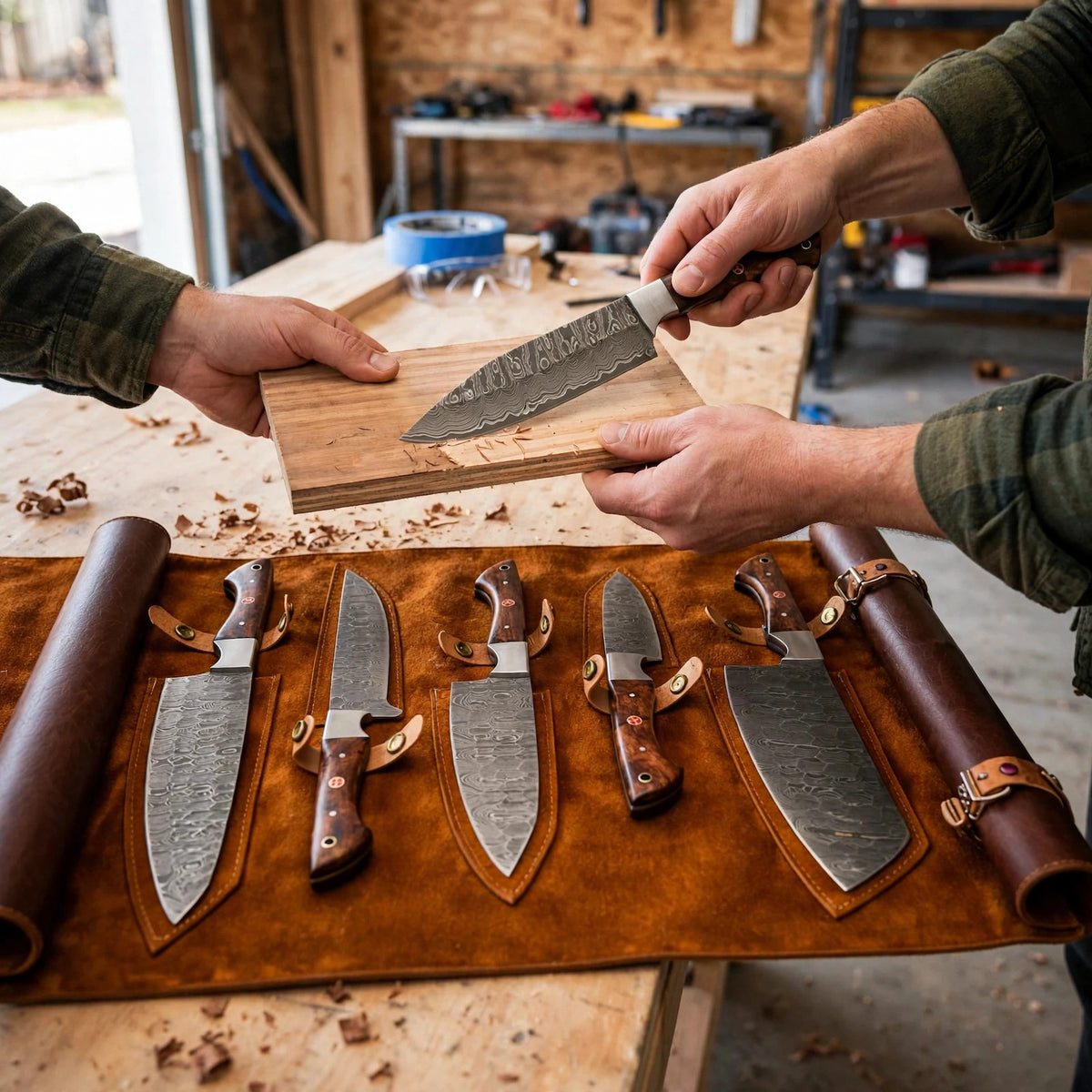 Wildrose - Damascus 5 Piece Chef Knife Set and Leather Roll - howto
