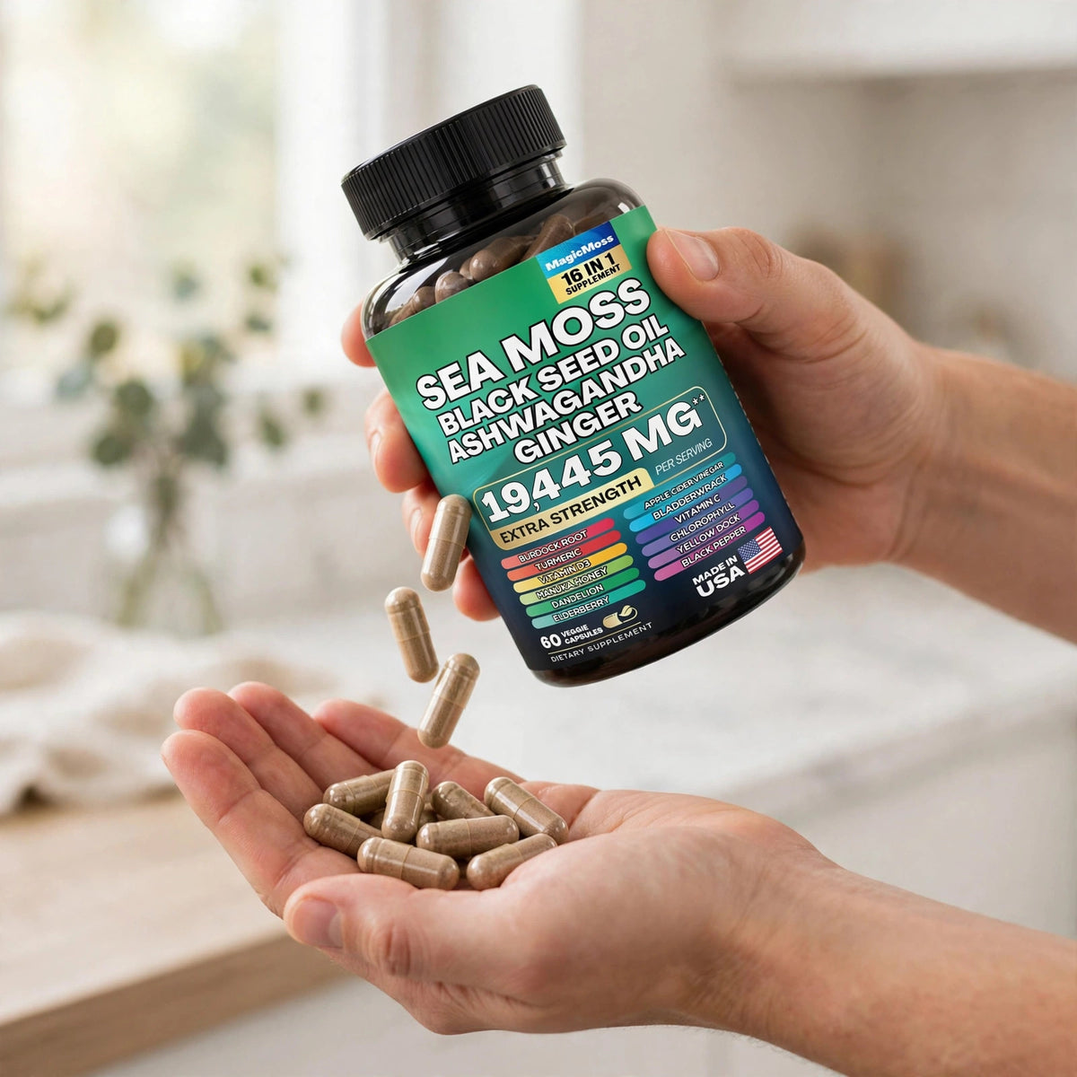 Sea Moss, Black Seed Oil, Ashwagandha, Turmeric & Ginger 16-in-1 Multivitamin 60 Capsules - howto