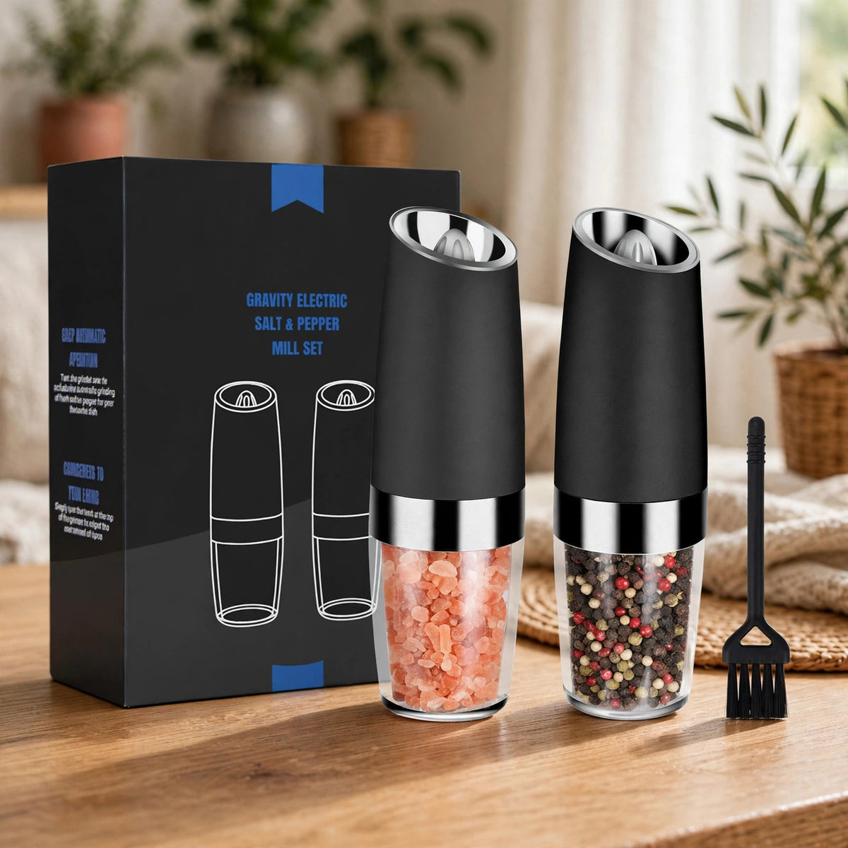 JIASLING Gravity Electric Salt & Pepper Mill Set, Metal Acrylic, Black - lifestyle