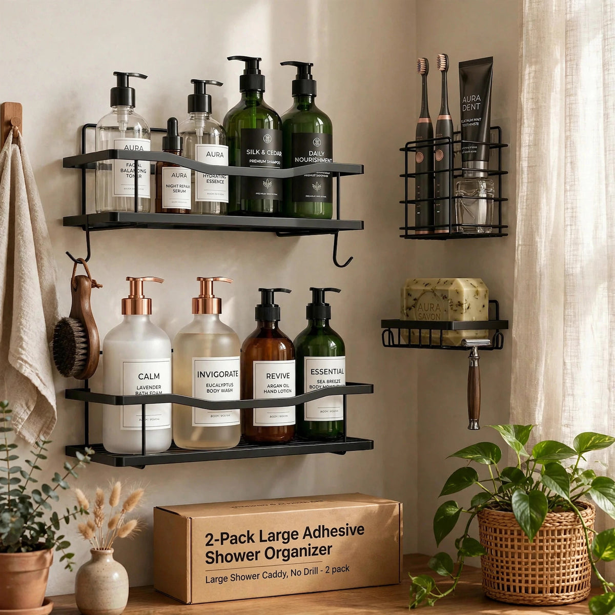 2-Pack Large Adhesive Shower Organizer, Large Shower Caddy, No Drill - - lifestyle