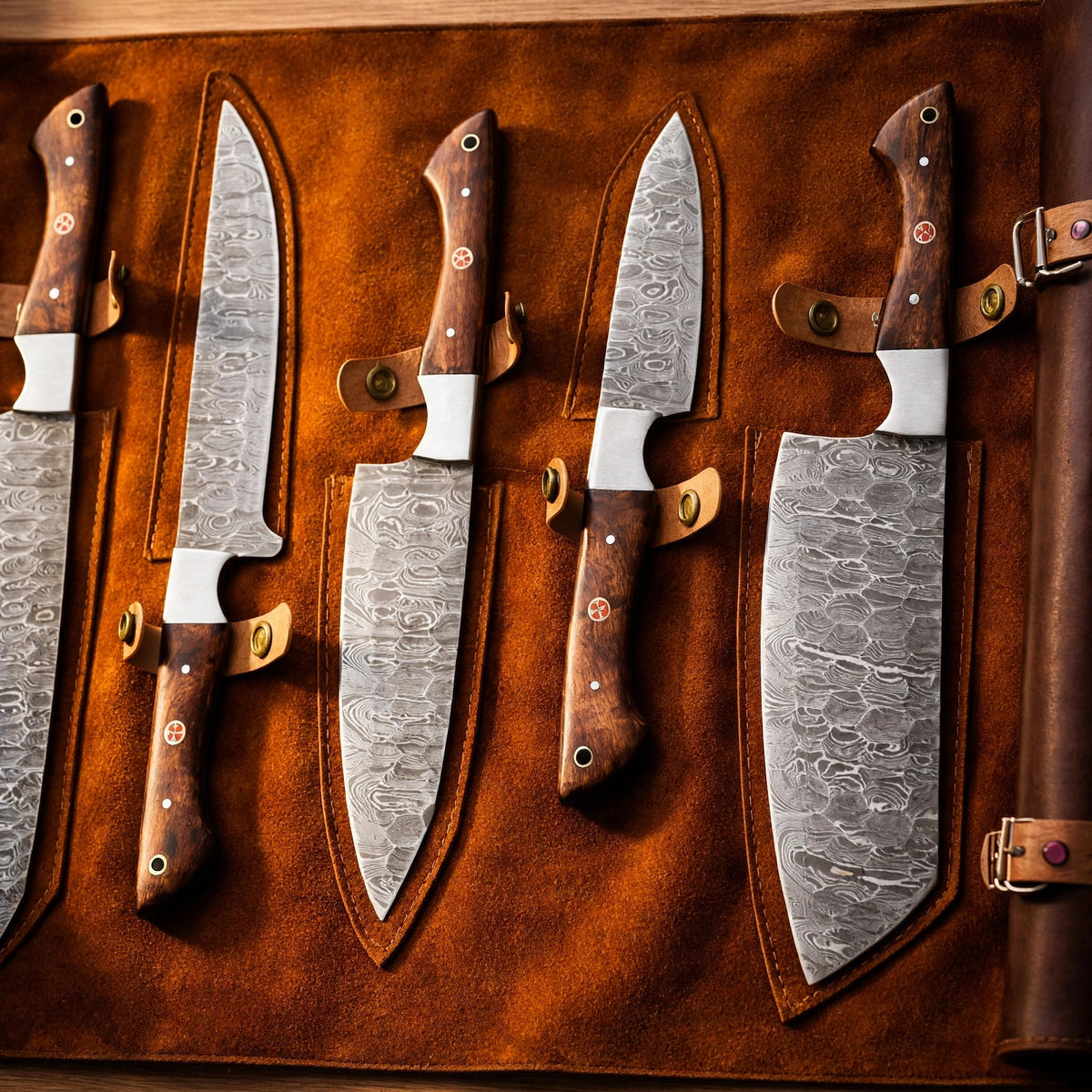 Wildrose - Damascus 5 Piece Chef Knife Set and Leather Roll - macro