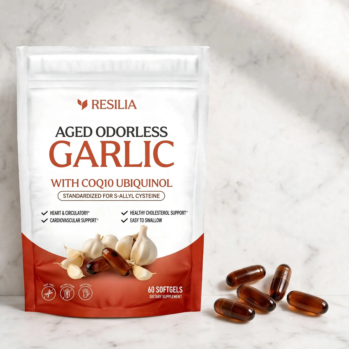 Resilia Aged Odorless Garlic with CoQ10, 60 Softgels - marble