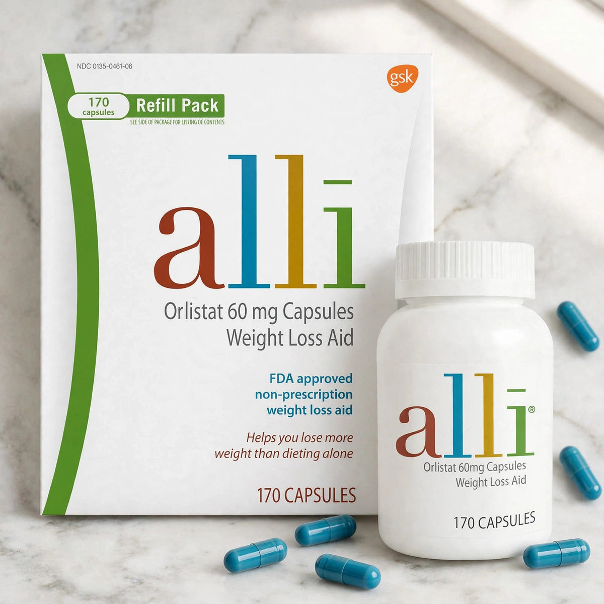 alli Diet Weight Loss Supplement Pills Orlistat 60Mg Capsules 170 coun - marble