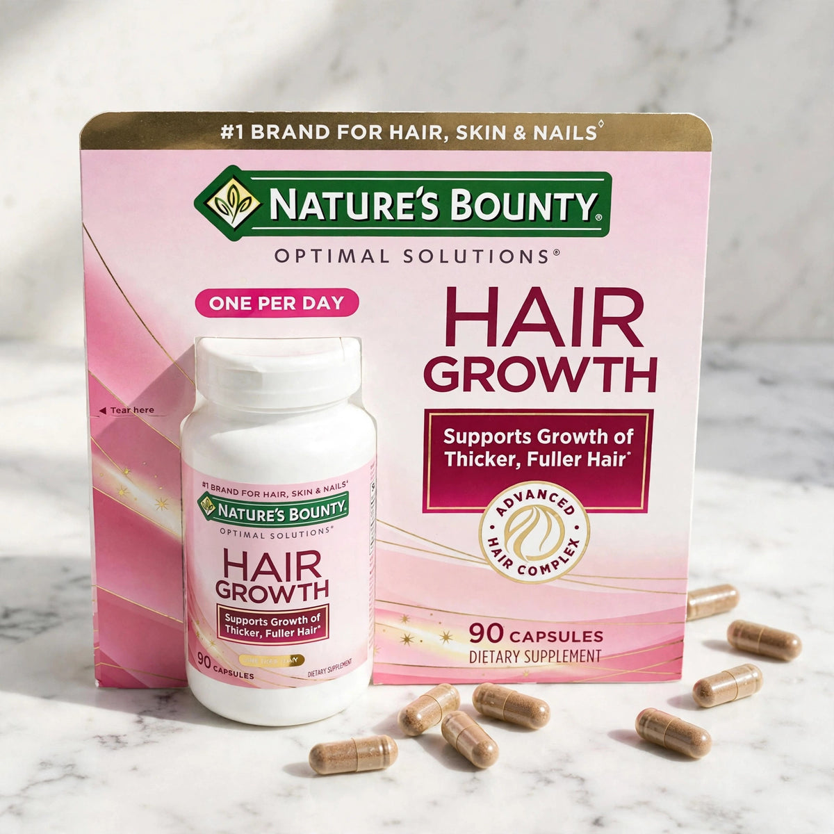 Nature's Bounty Hair Growth Supplement 90 Capsules for Strong Healthy  - marble
