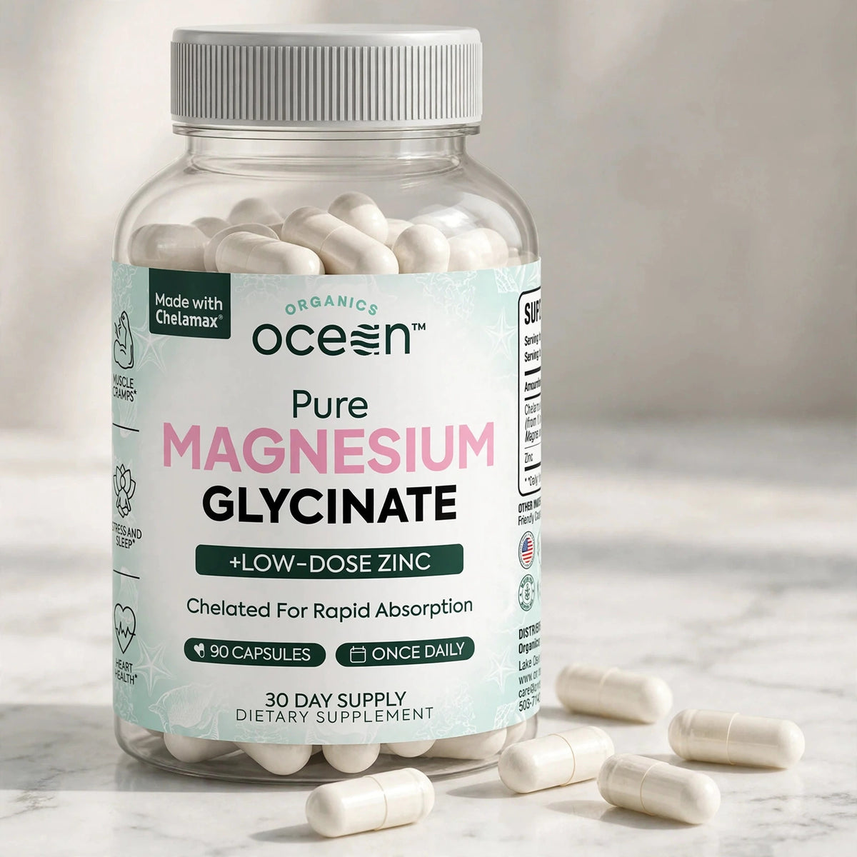Organics Ocean Pure Magnesium Glycinate Low Dose Zinc Chelated 90 Caps - marble