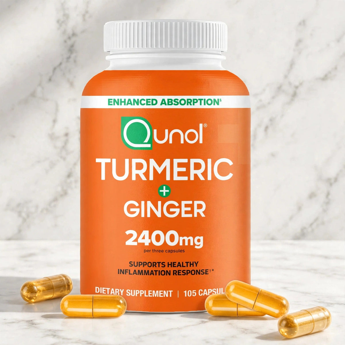 Qunol Turmeric Curcumin 2400mg w/ Black Pepper & Ginger | 105 Ct - marble