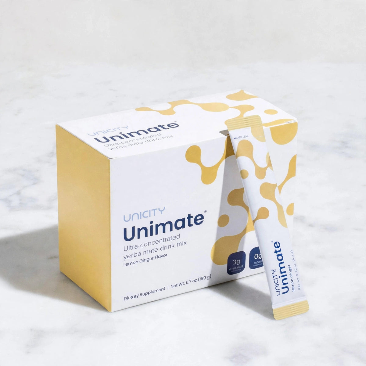 Unicity Unimate Lemon Ginger flavor 30 Stick Packs - marble