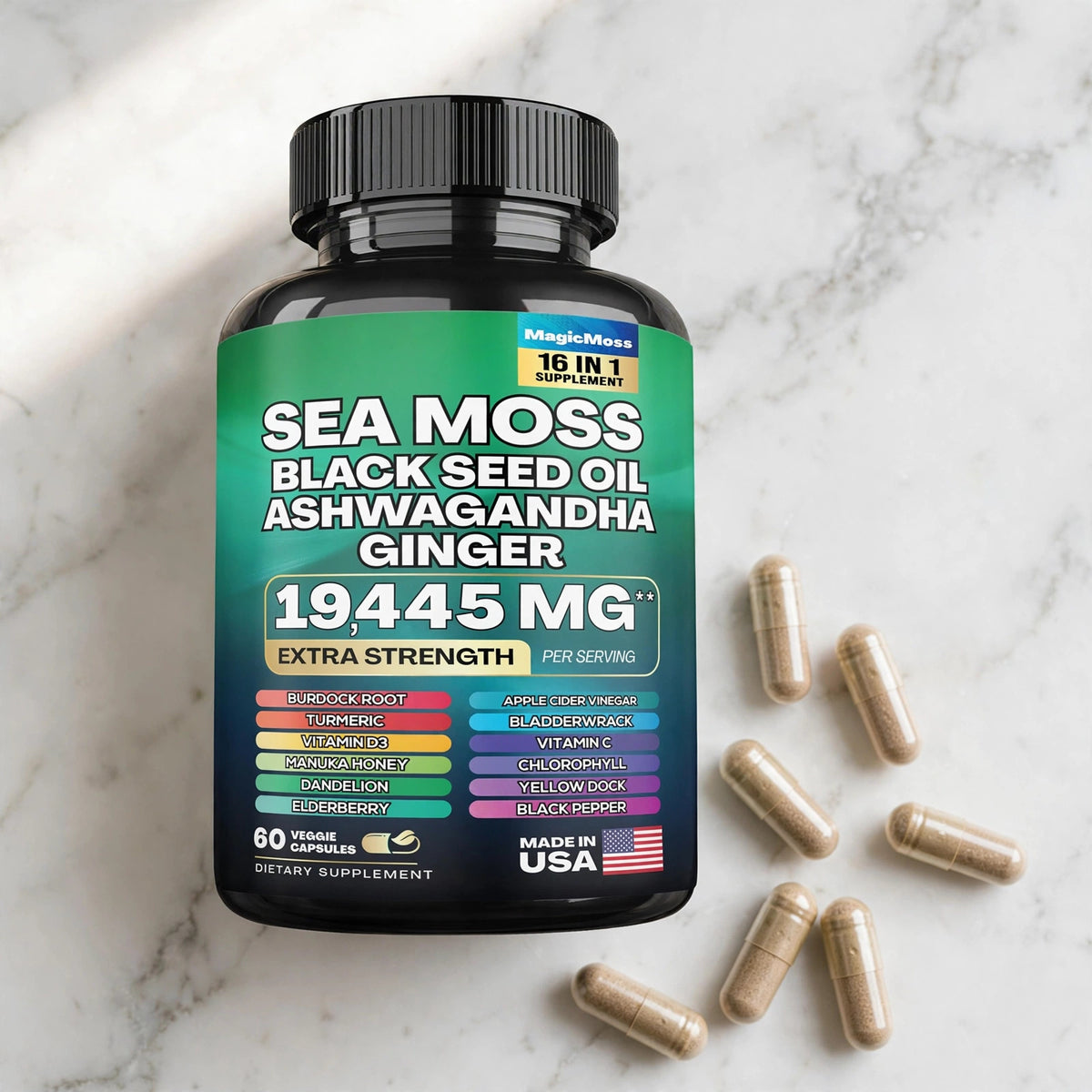 Sea Moss, Black Seed Oil, Ashwagandha, Turmeric & Ginger 16-in-1 Multivitamin 60 Capsules - marble