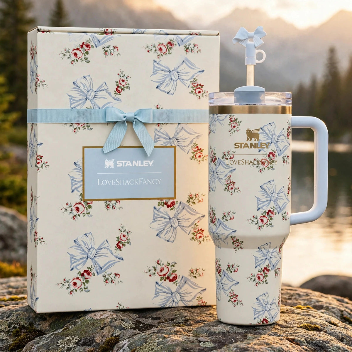 Stanley x Love Shack Fancy 40oz Holiday Rosa Beaux Blue Tumbler - outdoor