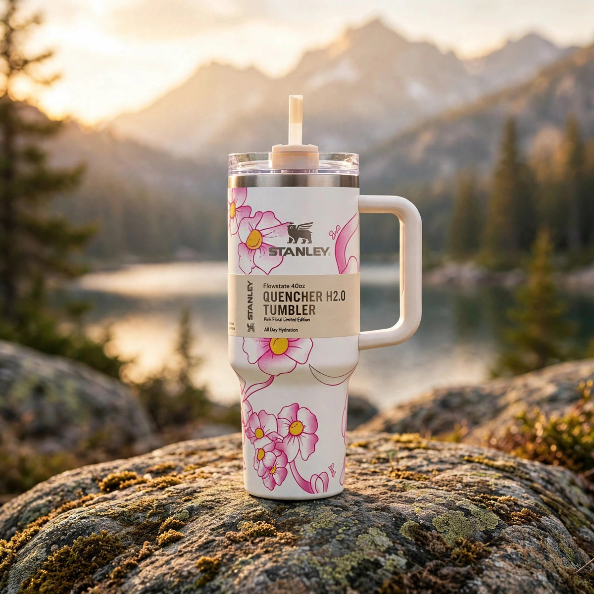 Stanley Quencher H2.0 FlowState 40oz Tumbler, Pink Floral Limited Edition - outdoor