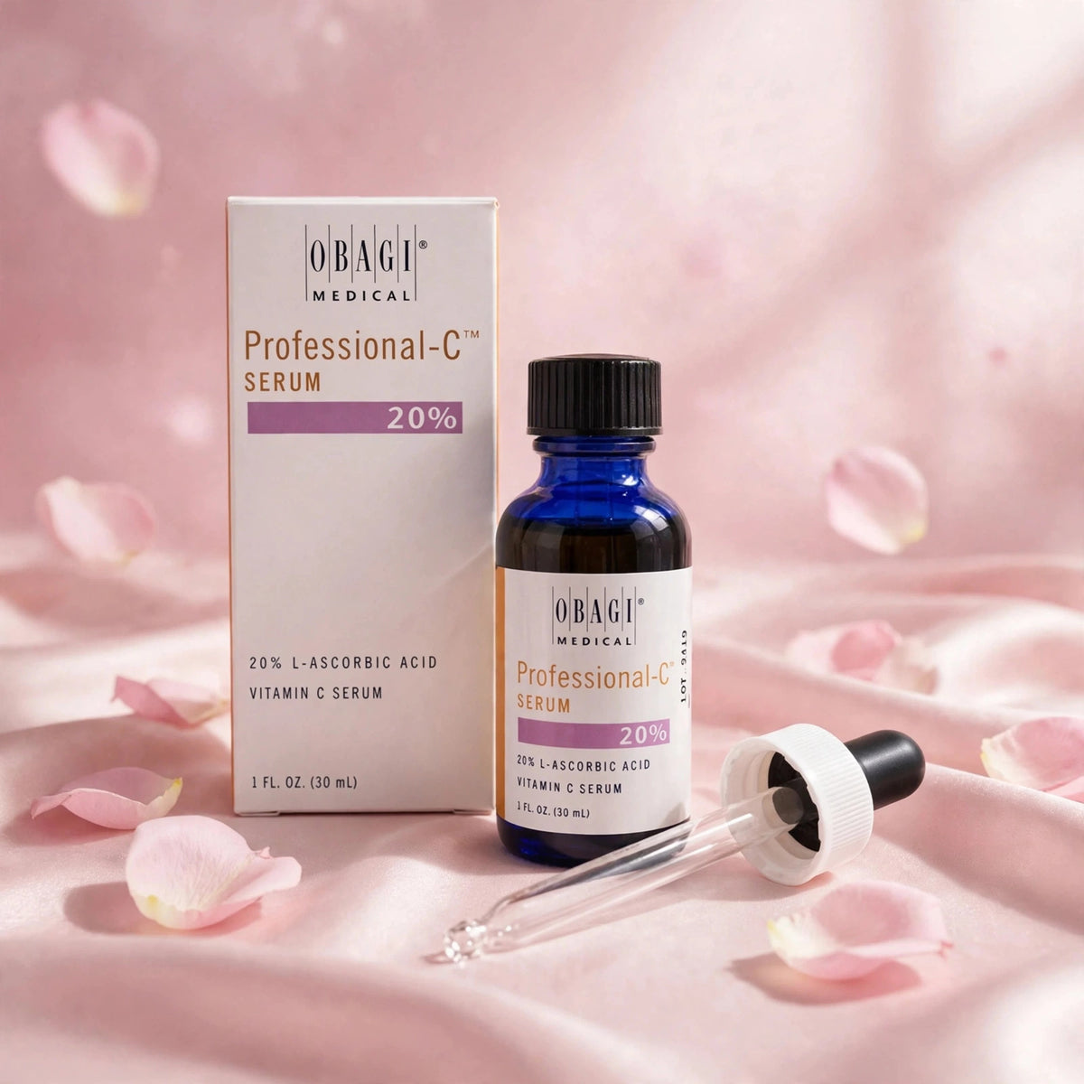 Obagi Professional-C Serum 20% 30ml on pink satin with rose petals