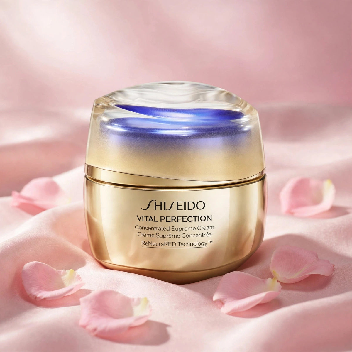 Shiseido Vital Perfection Concentrated Supreme Cream 50ml on blush-pink satin with rose petals