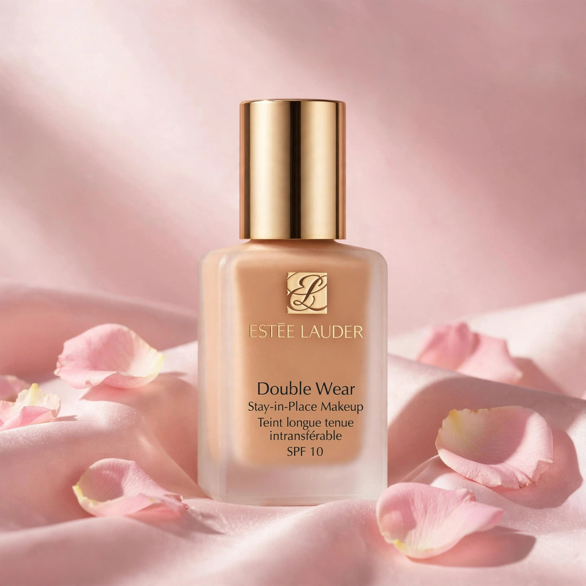 Estée Lauder Double Wear Stay-in-Place Makeup SPF 10 — product on blush-pink satin with rose petals