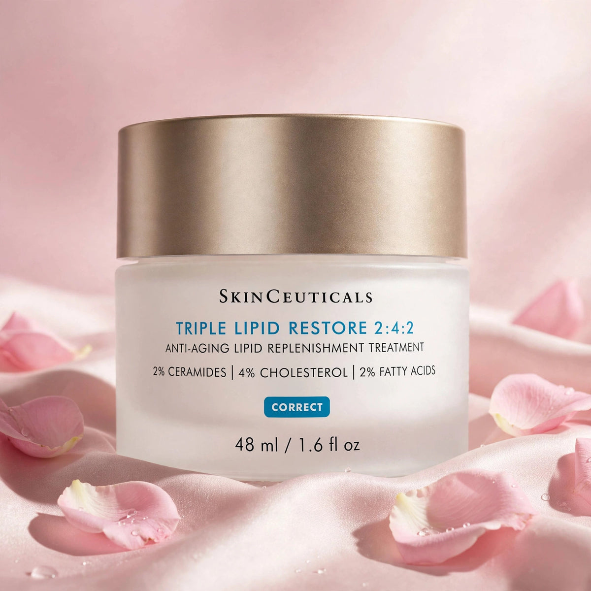 SkinCeuticals Triple Lipid Restore 2:4:2 48ml — product on blush-pink satin with rose petals