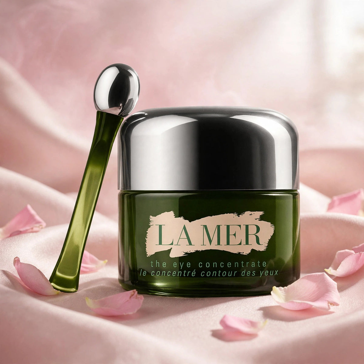 La Mer The Eye Concentrate 15ml — product on blush-pink satin with rose petals