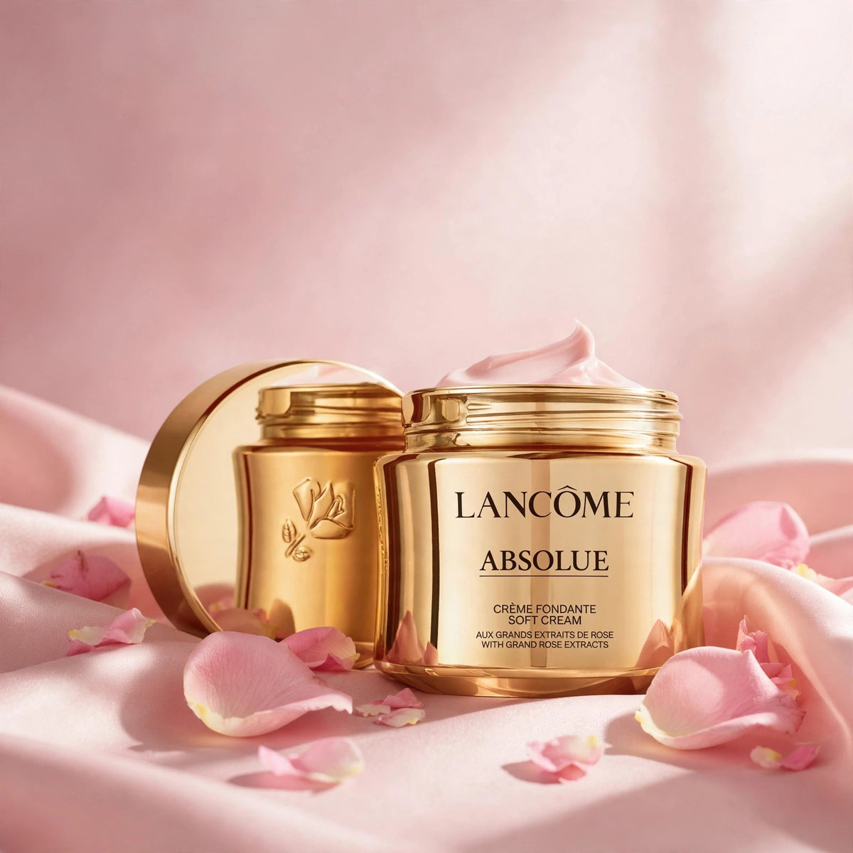 Lancôme Absolue Revitalizing Brightening Soft Cream 2oz — product on blush-pink satin with rose petals