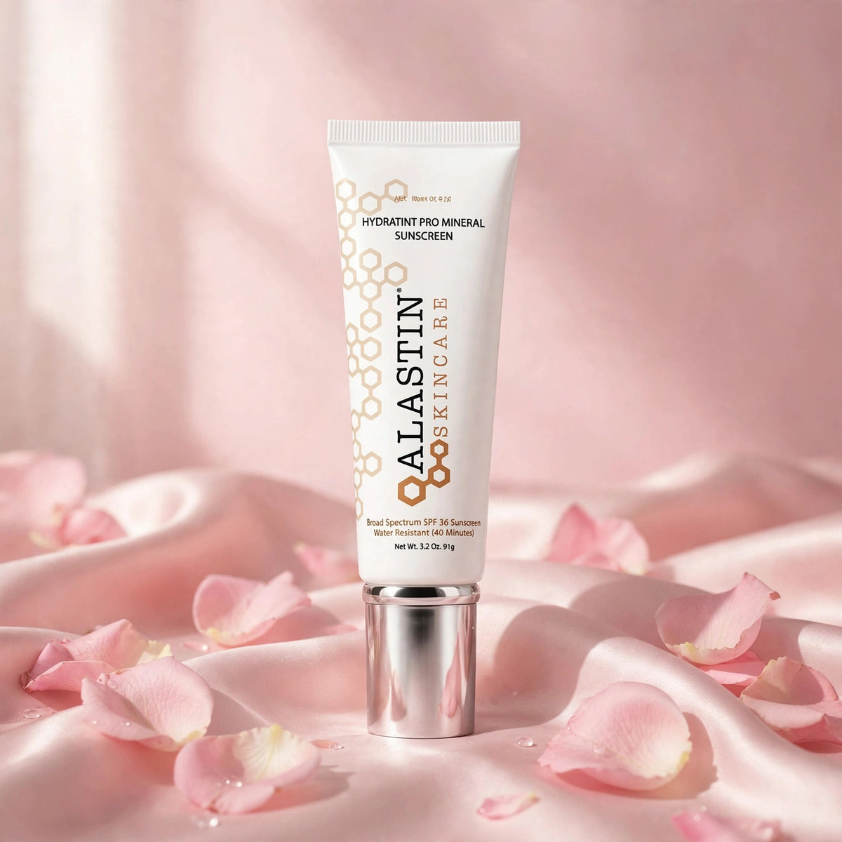 Alastin HydraTint Pro Mineral Sunscreen SPF 36 on blush-pink satin with rose petals